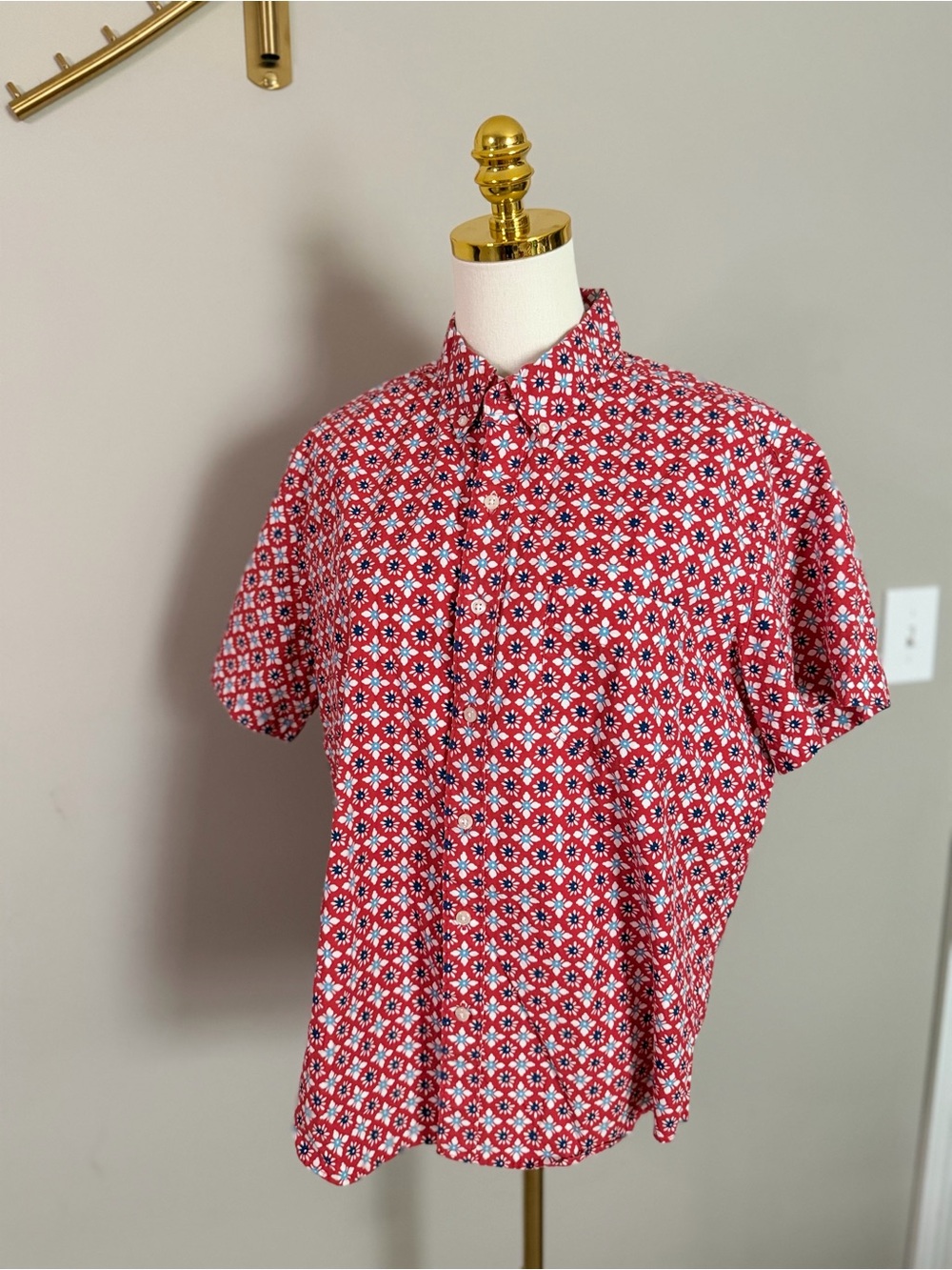J. Crew Red Geometric Short-Sleeve Button-Down Shirt